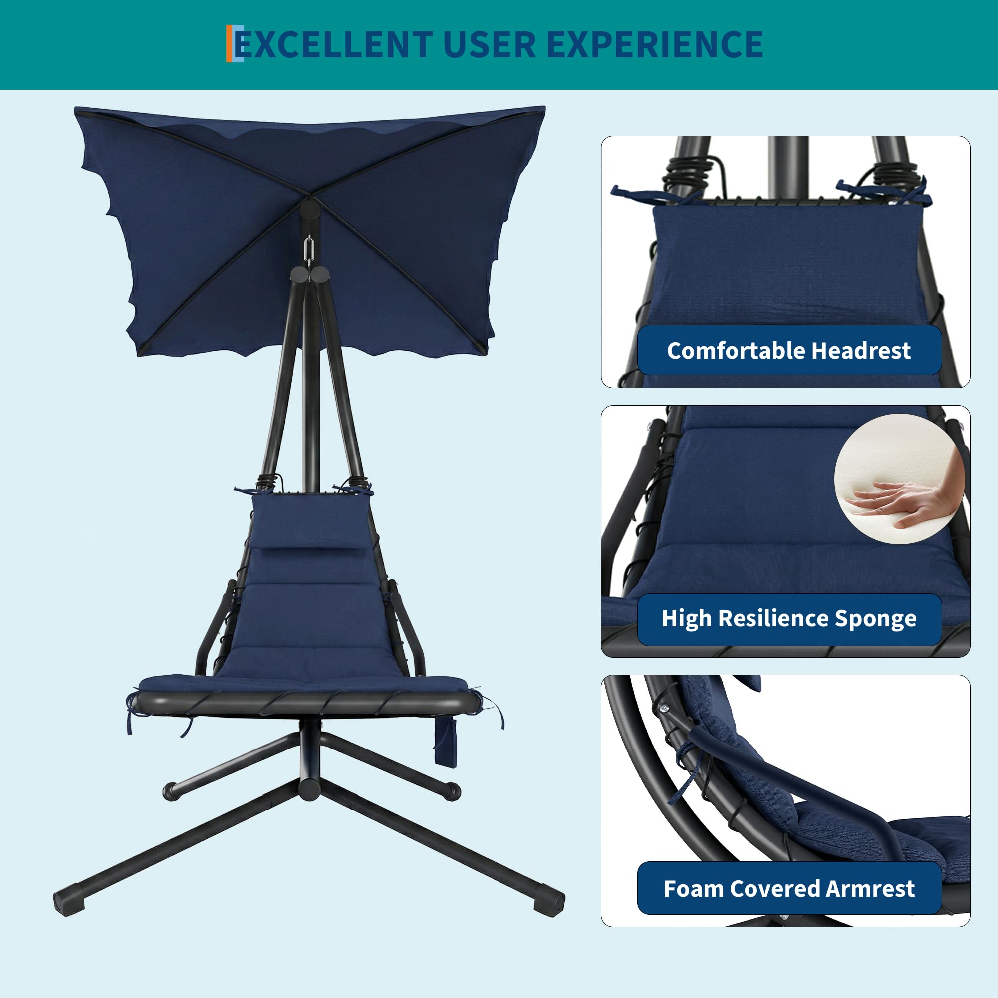 Navy hanging chaise lounge with pillow, cushioned seat and foam covered armrest details