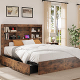 Garvee Vintage Full Size Wooden Platform Bed Frame with High Bookcase Headboard – 4 Storage Drawers, Built-in Charging Station & USB, Sturdy Noise-Free Metal Foundation, No Box Spring Needed – Retro Color, FULL size - Brown