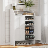 Garvee Farmhouse Shoe Storage Cabinet for Entryway, 47" Tall Wooden Shoe Organizer with 2 Doors, 5-Tier Adjustable Shelves & Open Storage Rack - Vintage White, Double Door - White