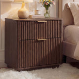 Garvee 23" Fluted Nightstand, Mid Century Night Stand with 2 Drawers, Metal Handle & Charging Station, Wood Nightstand with Curved Profile, Modern Side Table for Bedroom, Living Room, Walnut - Walnut