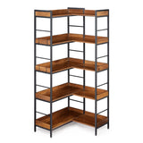Garvee 65" Reversible Corner Bookshelf – 5-Tier L-Shaped Industrial Bookcase with 4 Hooks, Heavy Duty Wood & Metal Open Shelves – Ideal for Office, Bedroom, Living Room – Color: Brown