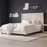 Garvee Velvet Upholstered Platform Bed Frame with 52" Tall Wingback Vertical Channel-Tufted Headboard, Wood Slat Support, Underbed Storage, No Box Spring Needed, Easy Assembly - King, Light Beige style style - Beige