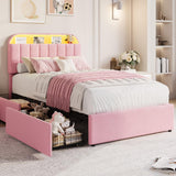 Garvee Velvet Upholstered Twin Bed Frame for Kids with Storage Headboard, 2 Drawers, LED Lights, Noise-Free, Easy Assembly, No Box Spring Needed - Pink, Twin Size - Pink
