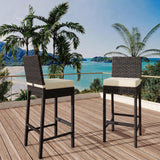 Garvee Set of 2 Outdoor Wicker Bar Stools with Cushions, All-Weather UV-Resistant Rattan Patio Bar-Height Chairs, Armless Heavy-Duty, for Backyard Balcony Poolside - Brown Wicker, Beige Cushions