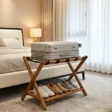 Garvee Wooden Folding Luggage Rack with Storage Shelf, Collapsible Suitcase Stand with Nylon Straps, 150 lb Capacity, No Assembly, for Guest Room/Bedroom/Hotel - Walnut Wood Color, 2-Pack - Walnut