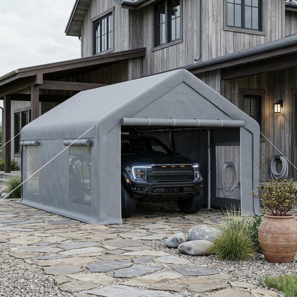 おしゃれなグレーカラー Garvee(ガービー)オーニングテント Garvee 12x20 ft Portable Garage with 200g PE Tarp Canopy, Roll-Up