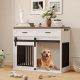 Garvee Heavy Duty Wooden Dog Crate Furniture with Sliding Barn Door and 2 Storage Drawers, Indoor Dog Kennel End Table with Hook, Farmhouse Style Dog Crates for Medium/Large Dogs, White - White|Drawers