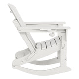 Garvee HDPE Folding Adirondack Rocking Chair, 380 lbs Patio Chair with Retractable Ottoman for Deck & Fire Pit, Cup Holders & Wood Texture, White - White