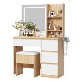 Garvee 3-Color LED Vanity Desk Set for Bedroom – Lighted Mirror, 4 Drawers, Power Outlet, Charging Station, Storage Stool, Open Shelves, Hair Dryer Holder – Compact Dressing Table, Wood Color - Wood Color