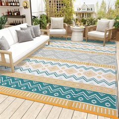 Garvee Outdoor Rug Waterproof, UV Resistant, Reversible Patio Carpet - Lightweight Collapsible Plastic Straw Mat, Easy Clean, 8x10ft, Four Colors: Yellow/Green/Gray/White - Multicolor (Yellow & Teal)