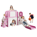Garvee 8-in-1 Multi-Functional Toddler Play Tunnel Set – Slide, Climber, Crawl Tunnel, Basketball Hoop, Telescope, Drawing Board & Storage – Indoor Outdoor Activity Center for Kids Ages 1-5 – Pink - Rose