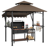 Garvee 8' x 5' Grill Gazebo Canopy with 7' x 3' Awning, Heavy-Duty Q235 Steel Frame, Waterproof UV-Resistant Double-Tiered Roof, Shelves & LED Lights for Patio BBQ - Coffee
