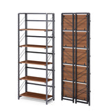 Garvee No-Assembly Folding Office Bookshelf - 5-Tier Space-Saving Industrial Bookcase - Sturdy Black Metal Frame & Brown Wood Shelves - Mark-Resistant, Collapsible Storage Rack - Black Frame Brown Wood Board, 5 Layers - Black+Brown