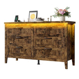 Garvee 6 Drawer Dresser with Power Outlet, Rustic Brown Dresser with LED Light, Modern Chest of Drawers for Closet, Double Wide Drawer Organizer Cabinet for Bedroom, Living Room - Retro Brown