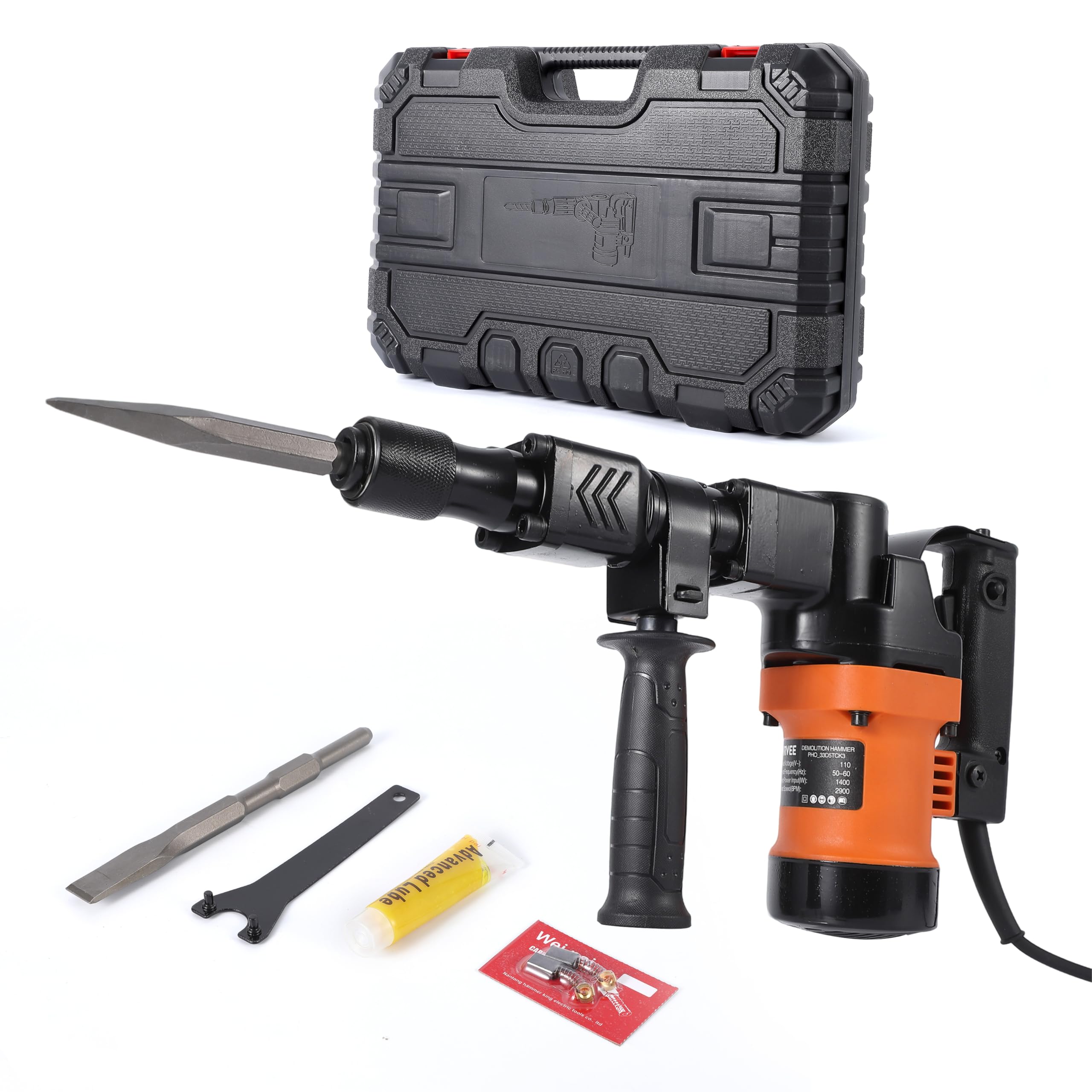 Garvee 1400W Electric Demolition Jack Hammer, 2900 BPM, 13J Impact, Heavy Duty Anti-Vibration Concrete Breaker Kit with 2 Chisels, 360° Handle, Case & Gloves for Trenching and...