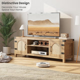 Garvee Boho Rattan Sideboard Buffet Cabinet – Fits 65" TVs – Adjustable Shelves – 2 Storage Cabinets – Open Media Console Table – Solid Wood – Ideal for Dining or Living Room – Wood Color