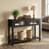 Garvee Entryway Table. Narrow Console Table with Glass-Front Drawers. Rustic Modern Farmhouse Decor 2-Level Open Shelf. MDF Top   Wood Legs Furniture Sofa Table Use. Black