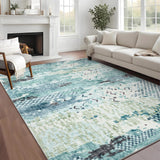 Garvee 9' × 12' Modern Abstract Distressed Area Rug, Washable Non-Slip Low-Pile Soft Rug for Living Room, Bedroom & Dining Room, Blue - Blue