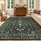Garvee Washable Area Rug for Living Room - Soft Low Pile Non-Slip Carpet - Elegant Floral Design - Ideal for Bedroom & Dining Room - Dark Green, 9x12ft - Dark Green