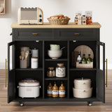 Garvee Rolling Kitchen Island Cart - 41 in Kitchen Prep Table with Drop Leaf, 2 Drawers, 2 Glass-Door Cabinets & 3 Open Shelves, Adjustable Shelves, Locking Wheels - Color: Matte Black/Wood Top