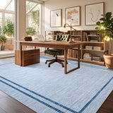Garvee 9' × 12' Modern Solid Line Border Area Rug, Machine Washable Non-Slip Low-Pile Soft Rug for Living Room, Bedroom & Dining Room, Blue