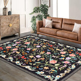 Garvee 8' × 10' Floral Area Rug, Machine Washable Non-Slip Low-Pile Soft Rug for Living Room, Bedroom & Dining Room, Black - Black