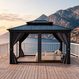 Garvee Hardtop Gazebo, 12 x 14 FT Aluminum Alloy Frame with Double Metal Roof, Netting and Curtains for Patio, Deck and Backyard