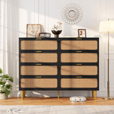 Garvee Rattan 8 Drawer Dressers for Bedroom, Tall Dresser with Deep Drawers, Large Chest of Drawers for Closet with Wide Top, Long Wooden Dresser for Living Room, Hallway, Kids Room, Black - Black