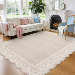 Garvee Soft Washable Area Rug for Living Room, Bedroom, or Nursery - Low Pile, Non-Slip, Mark Resistant, Modern Lace Edge Carpet - Elegant Home Decor, Beige, 9x12ft - Beige
