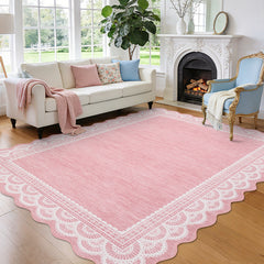 Garvee 8x10 Scalloped Lace Rug for Living Room, Washable Soft Rugs Non Slip Pink Rug Non-Shedding Low Pile Carpet for College Bedroom Playroom Kids Room, Stain Resistant Indoor Floor Cover, Pink - Lace|Pink