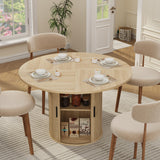 Garvee Space-Saving 47'' Round Dining Table for 4-6 – Modern Farmhouse Kitchen & Dining Room Table with 2-Tier Storage Shelf, Sliding Wood Door, Fluted Pedestal – Sturdy Natural Wood Color