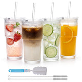 Garvee Ribbed Glass Tumblers Set of 4 – 20oz Leak-Proof Lids – Glass Straws – Colorful Silicone Sleeves – Reusable Iced Coffee Cups for Cold Drinks, Smoothies, Bubble Tea – Dishwasher Safe – Cup Sleeve Colors: White, Brown, Green, Pink