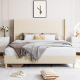 Garvee Upholstered Platform Bed Frame - Full Size, Vertical Channel Tufted Wingback Headboard, Corduroy Fabric, Sturdy Wooden Slats, Noise-Free, Easy Assembly - Offwhite, Wooden Feet - Beige