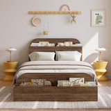 Garvee Twin XL Size Bed Frame, Wooden Beds with Storage Headboard and Raised-Foodboard, Twin XL-Floor Low Platform Bed for Bedroom, Sturdy Wooden Slats Support, No Box Spring Needed, Walnut - Walnut