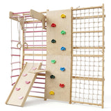 Garvee 10-in-1 Swedish Ladder, Solid Wood Indoor Jungle Gym for Kids and Adults with Slide, Swing, Rock Climbing Wall, Gymnastic Rings, Rope Ladder, and Monkey Bar, Kids Indoor Playground - Pink