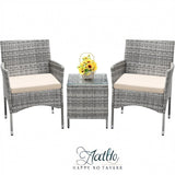 Garvee 3 Piece Patio Bistro Set, PE Rattan Wicker Chairs, Tempered Glass Table, Beige Cushions - Gray / Beige