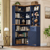 Garvee 74" Tall Corner Bookshelf, 6-Tier L-Shaped Corner Bookcase with Open Shelves, Drawer & Cabinet, Modern Display Storage for Home Office, Blue + Brown - Blue + Brown