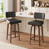 Garvee Swivel Bar Stools Set of 2, 26" Upholstered Counter Height Bar Stools with Back and Walnut Wood Legs, Mid Century Bar Chair Island Stool for Kitchen Counter, Faux Leather Barstools, Black - Black