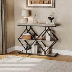 Garvee Farmhouse 3-Tier Entryway Table with Storage Shelves and Geometric Dismond Legs for Living Room, Foyer and Entryway, Grey - Grey