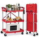 Garvee High Capacity 3-Tier Folding Service Cart - Collapsible Rolling Utility Cart with Wheels - Multipurpose Organizer for Office, Kitchen, Garage - Easy Storage - Red