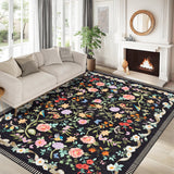 Garvee 9' x 12' Modern Floral Area Rug, Machine Washable Non-Slip Low-Pile Soft Rug for Living Room, Bedroom & Dining Room, Black - Black