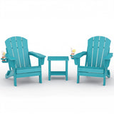 Garvee Adirondack Chair Set for Fire Pit and Lawn, 3-Piece HDPE Set with 2 Folding Chairs, 1 Side Table and Cup Holders, Lake Blue