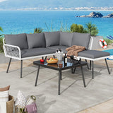 Garvee Outdoor Patio Furniture Set, 4-Piece L-Shaped Wicker Sectional with Metal Frame, Coffee Table, Ottoman and Gray Cushions for Poolside and Backyard