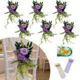 Garvee Rustic Artificial Flower Chair Decorations - 6Pcs White Bouquets with Light Purple & Light Beige Inspired Shade Ribbons - Wedding Aisle Chair Back Decor - Includes Fastening Accessories - Color: Purple, Ribbon Light Beige Inspired Shade + Light - Purple