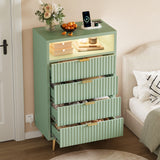Garvee 4 Drawers Dresser for Bedroom, 28" w Wooden Dresser with LED Lights and Charging Station, Fluted Wood TV Stand with Gold Handle, Modern Chest of Dressers for Closet, Living Room, Hallway, Green - Green