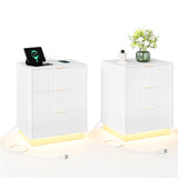 Garvee Modern Fluted Nightstands with Charging Station & LED – Set of 2 Wooden Bedside Tables, 3 Drawers, Large Storage – Mid-Century Boho for Bedroom or Living Room – 20"W x 15.7"D x 24"H – White