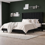 Garvee Velvet Upholstered Platform Bed Frame with 52" Tall Wingback Vertical Channel-Tufted Headboard, Wood Slat Support, Underbed Storage, No Box Spring Needed, Easy Assembly - King, Black - Black