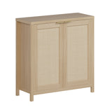 Garvee Contemporary Rattan Sideboard Buffet Cabinet - 34.3" Natural Wood, Adjustable Shelves, Metal Handle, Freestanding Storage with Doors - Console Table for Dining Room, Kitchen, Entryway, Living Room