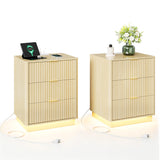 Garvee Modern Fluted Nightstands with Charging Station & LED – Set of 2 Wooden Bedside Tables, 3 Drawers, Large Storage – Mid-Century Style for Bedroom – 20"W x 15.7"D x 24"H – Rustic Vintage – Natural Wood Color
