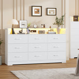 Garvee 9 Drawer Dresser for Bedroom with Open Shelf, 65" Wide Chest of Drawers with Large Storage Space and Charging Station, Modern Organizer Cabinet Table for Living Room, Hallway, White - White